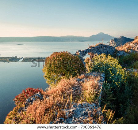 Aerial spring view of the Voidokilia beach from Navarino Castle. Attractive morning seascape of Ionian Sea, Pylos town location, Peloponnese, Greece, Europe. Beauty of nature concept background.