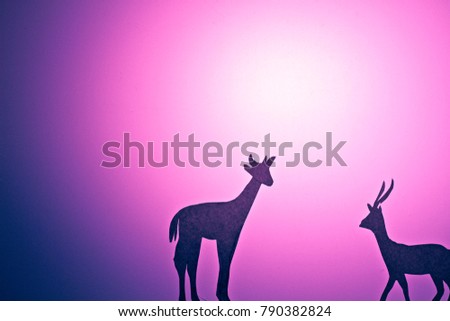 animal long neck blue pink background gazelle gerenuk africa sunset handmade translucent paper landscape, wildlife, hunt, outdoors, horn, walk, stag, prairie, refuge, tail, green, rack, dark, backgrou