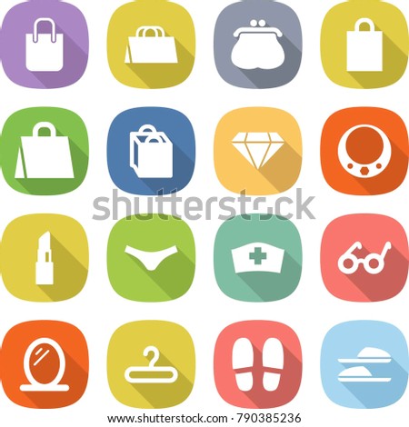 flat vector icon set - shopping bag vector, purse, diamond, necklace, lipstick, underpants, medical hat, pacemaker, mirror, hanger, slippers