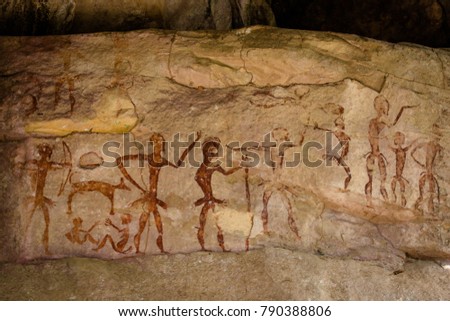 Prehistoric cave paintings over 4000 years  The archaeological prehistoric man-made rock, Khao Chan Ngam, Nakhon Ratchasima.

