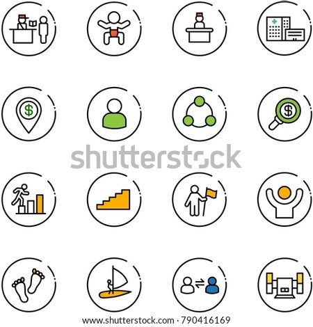 line vector icon set - passport control vector, baby, recieptionist, hospital building, dollar pin, user, social, search money, career, stairs, win, success, feet, windsurfing, information exchange