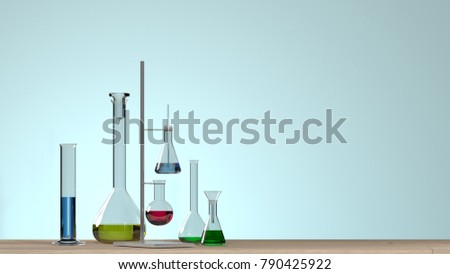 Horizontal template for a poster laboratory equipment without people science lab research and development concept blue background developer research Clean modern room Royalty-Free Stock Photo #790425922