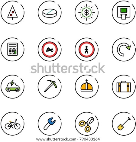 line vector icon set - christmas tree vector, pill, dollar sun, atm, calculator, no moto road sign, pedestrian, redo, electric car, job, crown, suitcase, bike, wrench, scissors, shovel