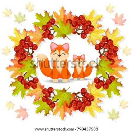 Cute fox cartoon character and leaves wreath. Vector autumn season cards