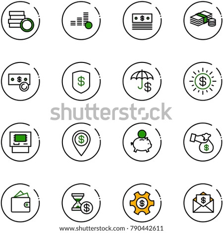 line vector icon set - coin vector, dollar, cash, safe, insurance, sun, atm, pin, piggy bank, encashment, wallet, account history, money managemet, mail