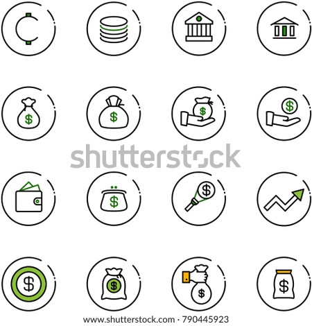 line vector icon set - cent vector, coin, bank, money bag, investment, wallet, purse, torch, growth arrow, dollar, rich