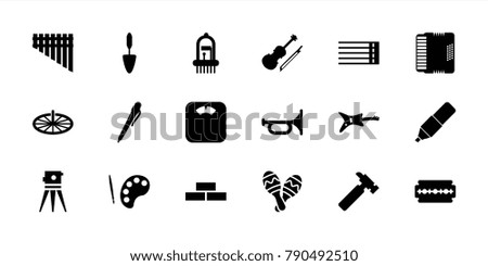 Instrument icons. set of 18 editable filled instrument icons: brick wall, hummer, theodolite, pen, trumpet, palette, guitar, floor scales, trowel, guitar strings, harmonica