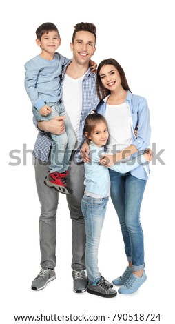 Happy family with little children on white background