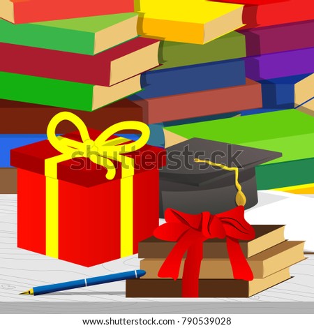 School books, pen, graduation cap with gift box and stack of books on the background. Education concept. Vector cartoon style illustration.