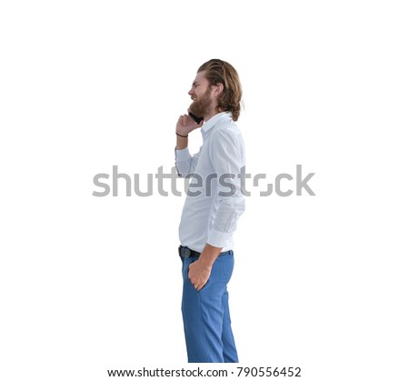 Stressed western businessman taking on the phone isolated on white