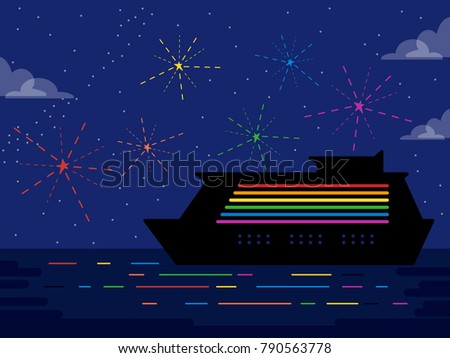 Illustration of a Silhouette of a Cruise Ship Sailing with Rainbow Color Light and Fireworks