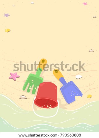 Background Illustration of Shovel, Fork and Pail Toys in the Beach with Starfish and Seashells