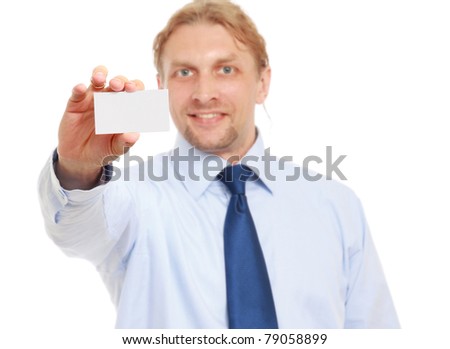 A businessman showing an empty card, isolated on white, focus on his hand
