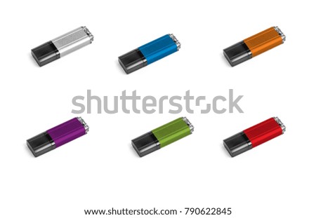 Set of multi colored usb flash drive on white background