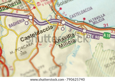 Casteldaccia. Map. The islands of Sicily, Italy.
