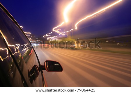 Night traffic,shoot from the window of rush car,motion blur steet light.