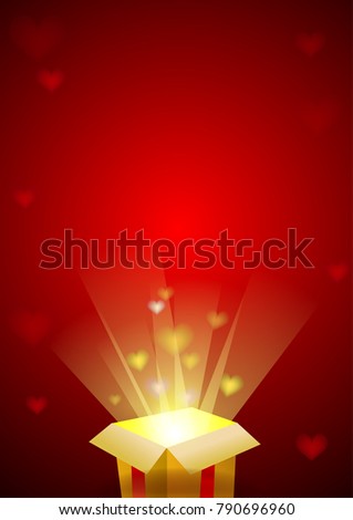 Valentines festive background with gift box with a magic gift of shining hearts