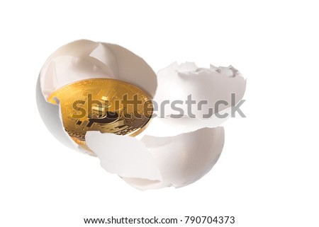 Bitcoin gold coin in egg shell isolated on white background