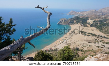 Photo from iconic beach of Tsampika as seen from famous Monastery uphill, Rhodes island, Dodecanese, Greece