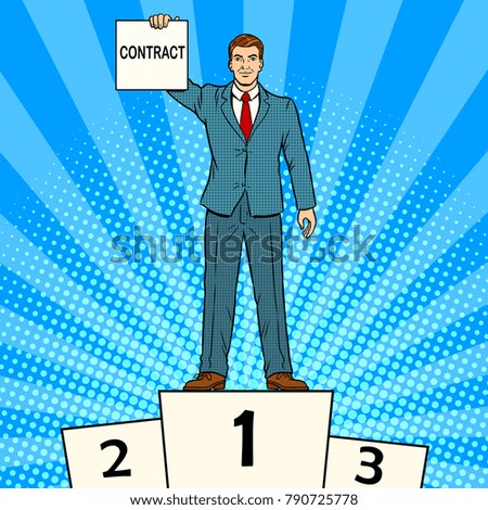 Businessman on sports pedestal with contract in hand pop art retro raster illustration. Color background. Comic book style imitation.