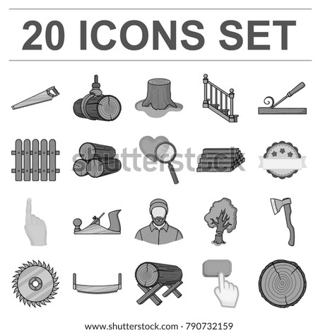 Sawmill and Timber monochrome icons in set collection for design. Hardware and Tools vector symbol stock web illustration.