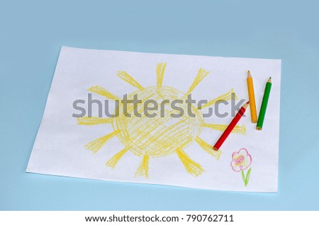 colored pencils, children's creativity, mixed, mom, the sun is drawn