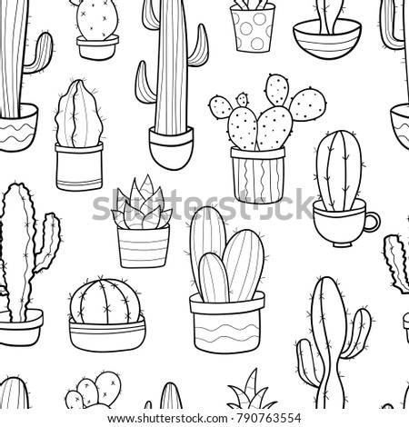 Sketches of cute vector cactus in pots seamless pattern backround on white