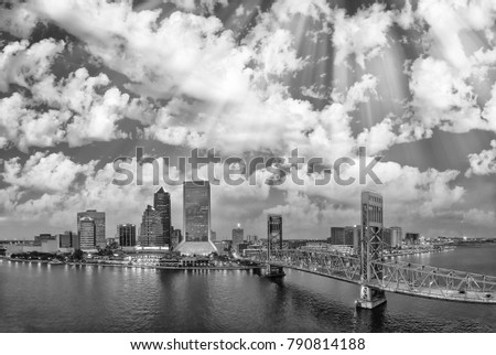 Amazing panoramic black and white aerial view of Jacksonville at dusk, Florida.