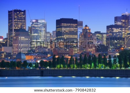 Night City View from Parc Jean Drapeau on Old Center and Vie Port of Montreal, Downtown, City on River, Montreal, Quebec, Canada