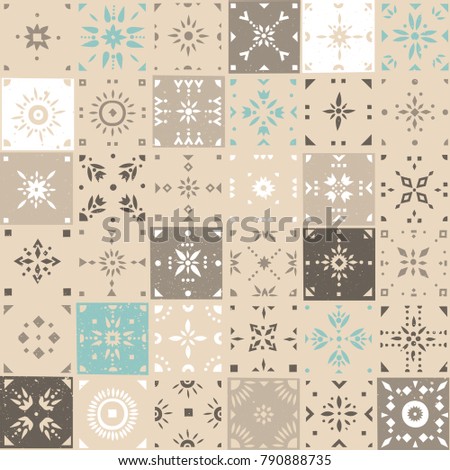 Vector seamless pattern of square mosaic tiles with patterns. Beige, white, blue palette.
