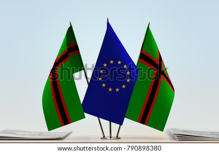 Two flags of Karelia and European Union flag between