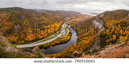 Autumn leave colors in Corner Brook, East Canada. Looking down from Captain James Cook Lookout.
