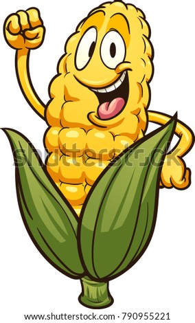 Happy cartoon corn. Vector clip art illustration with simple gradients. Leaves and corn on separate layers.