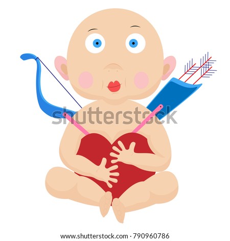 Little surprised cupid hugging a heart on a white background.
