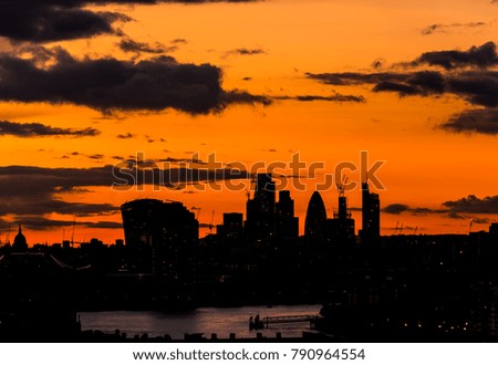 Backlit Silhouette of the city of London at Sunset 