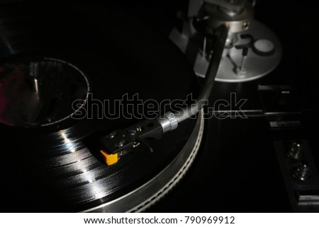 closeup of vinyl turntable, hi-fi headshell cartridge in action, Retro gramophone playing analog disc with music. place for text.