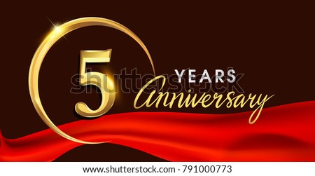 5th anniversary logotype with golden ring isolated on red ribbon elegant background, vector design for birthday celebration, greeting card and invitation card.