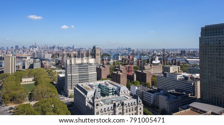 View of downtown Brooklyn from high elevation with Cadman Plaza featured prominently