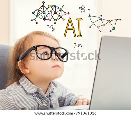 AI text with toddler girl using her laptop