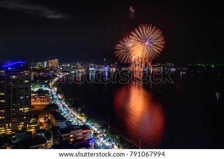 Firework festival at Pataya beach, Thailand. Royalty-Free Stock Photo #791067994