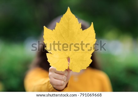 Happy girl with maple leaf as Canadian symbol. Isolated on yellow. Best picture for magazine. Great shot of Canadian maple. Most attractive picture with Canadian maple as symbol of a great nation.   