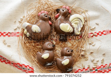 Chocolate chicken family in the rural decorations