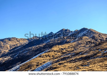 Sky, Mountains,Snow mountains, Trees, Paths, Snow : Hiking trail on the  way at Langtang National Park trekking in Himalayan mountains, Nepal.