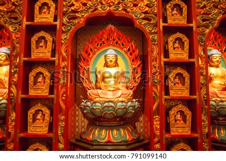 Buddha statue sitting on lotus
Decorated Inside the Buddha Tooth Relic temple ,Singapore near china town Royalty-Free Stock Photo #791099140