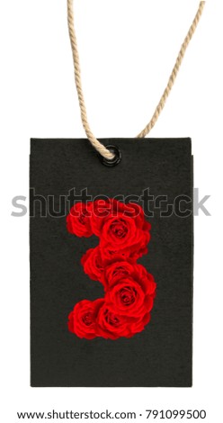 Red Roses numbers 3 on Paper labels (Tag) isolated on white background