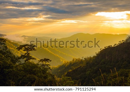 Mountain and blue sky. Morning Sunrise / sunset  in Mountain in national park Thailand.Photo landscape.