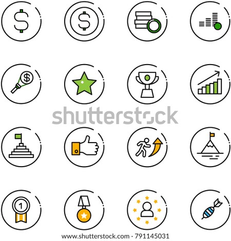 line vector icon set - dollar sign vector, coin, money torch, star, cup, growth, pyramid flag, finger up, career, mountain, gold medal, man, dart