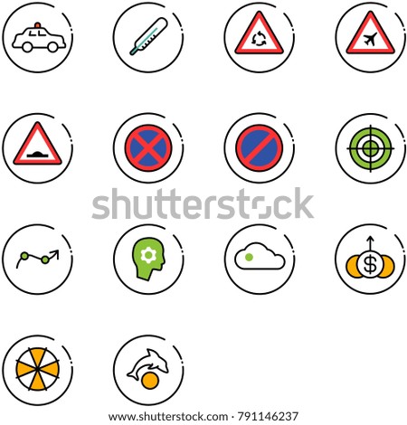 line vector icon set - safety car vector, thermometer, round motion road sign, airport, artificial unevenness, no stop, parking, target, chart point arrow, brain work, cloud, dollar growth, parasol