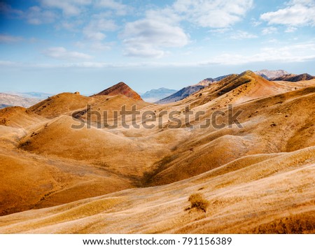 The border between Georgia and Azerbaijan. Location David Gareja monastery, Kakheti region, Caucasus, Europe. Picture of wilderness area. Scenic image of hiking concept. Discover the beauty of earth.