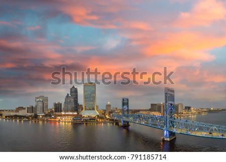 Amazing panoramic aerial view of Jacksonville skyline at dusk, Florida.